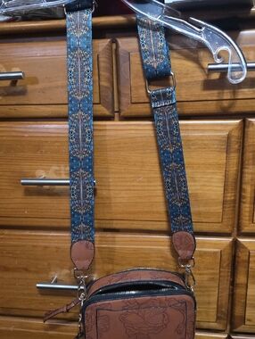 Tan Floral Crossbody with Patterned Blue Strap